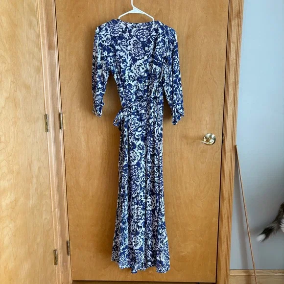 Raga Womens Blue White Floral Ikat Viscose Wrap Maxi Dress Size M 3/4 Sleeve - Picture 6 of 9